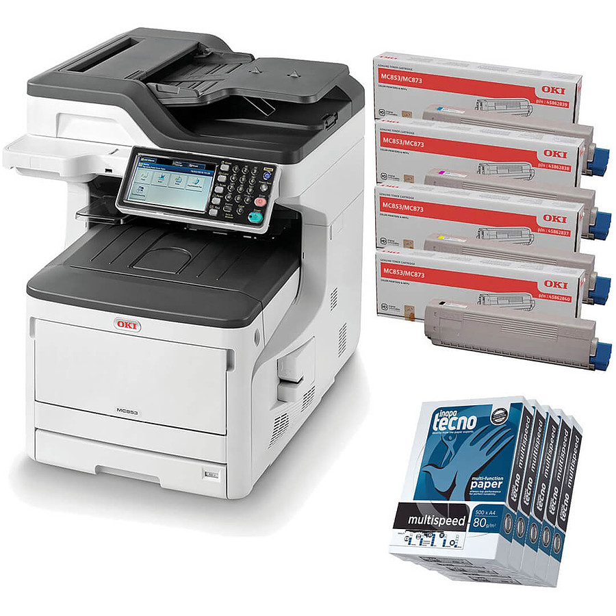 Imprimante laser Oki MC853dn + 4 Toners (C/M/J/N) + Inapa Tecno MultiSpeed Ramettes 500 feuilles A4 80g blanc x5