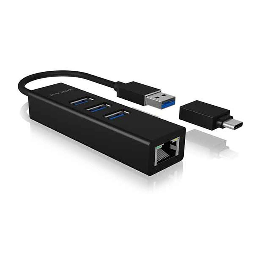 Câble USB ICY BOX Hub USB 3.0 Type-A et Type-C et LAN Gigabit - 3 ports