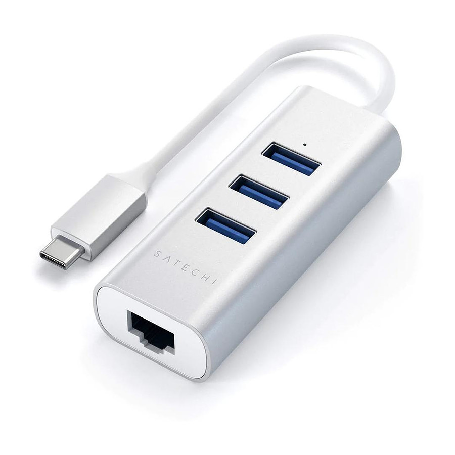 Câble USB SATECHI Hub USB-C 2-en-1 avec 3 Ports USB 3.0 + Ethernet - Argent