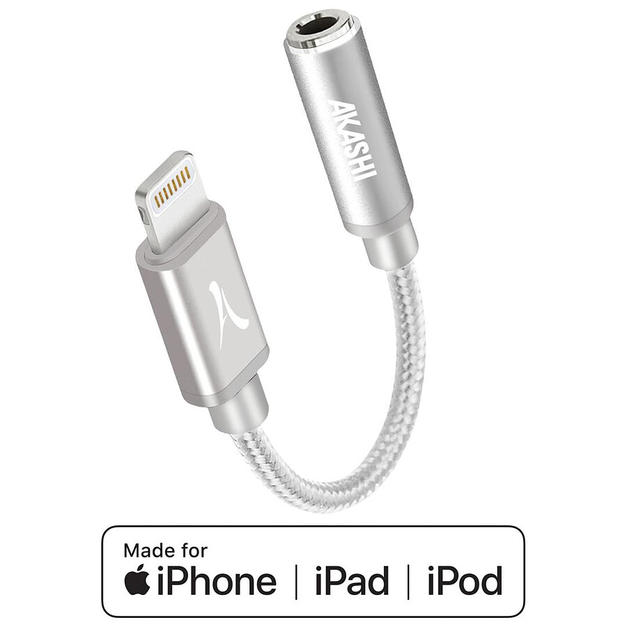 Adaptateurs et câbles Akashi Adaptateur Audio Lightning MFI vers Jack 3.5 mm Argent