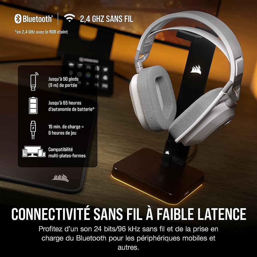 Corsair HS80 RGB Wireless Casque Gaming Premium avec Dolby Atmos Audio  (Faible Latence, Microphone Omnidirectionnel, sans Fil Jusqu'à 18 Mètres,  20