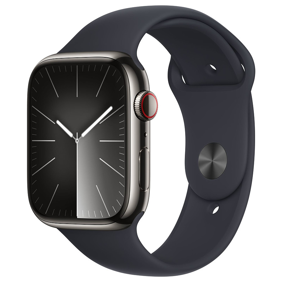 Montre connectée Apple Watch Series 9 GPS + Cellular - Acier Inoxydable Graphite - Bracelet Sport Band Minuit - 45 mm - Taille M/L