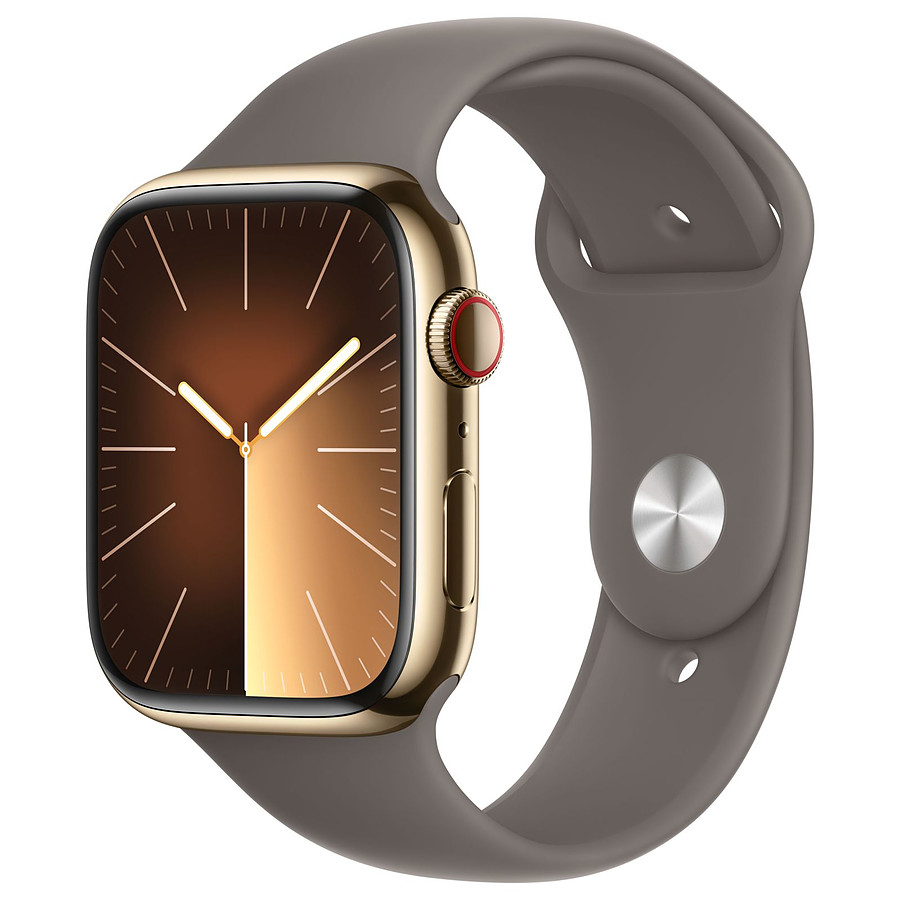 Montre connectée Apple Watch Series 9 GPS + Cellular - Acier Inoxydable Or - Bracelet Sport Band Argile - 45 mm - Taille M/L
