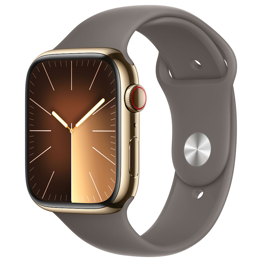 Montre connectée Apple Watch Series 9 GPS + Cellular - Acier Inoxydable Or - Bracelet Sport Band Argile - 41 mm - Taille S/M