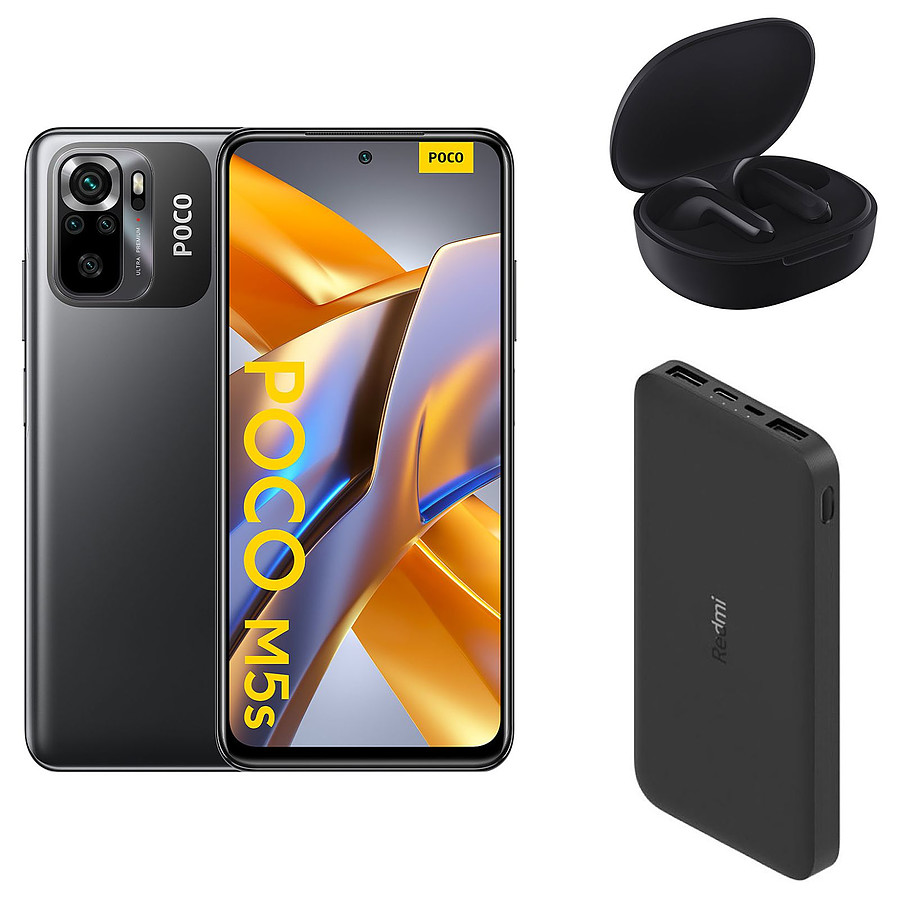 Smartphone Xiaomi Poco M5s Noir  - 128 Go + Buds 4 Lite + PowerBank 10 000 mAh 