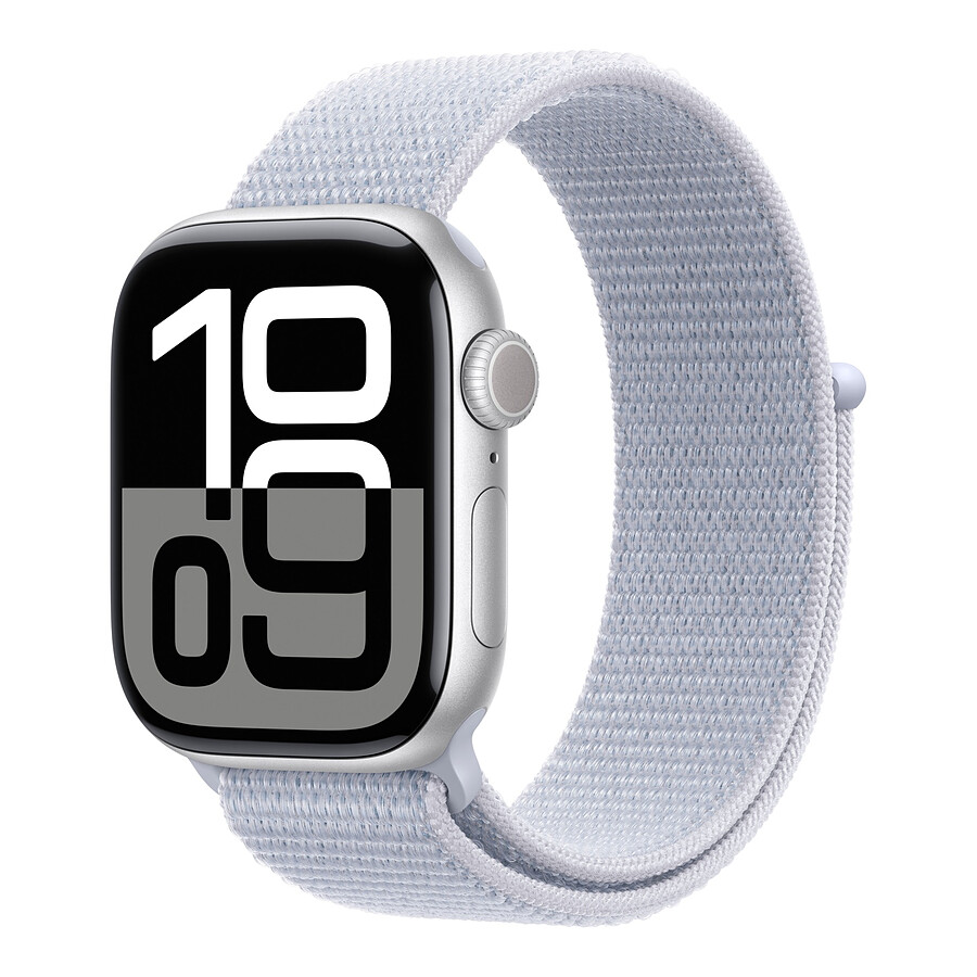 Montre connectée Apple Watch Series 10 GPS - Aluminium Argent - Bracelet Sport Textile Nuée Bleue - 42 mm