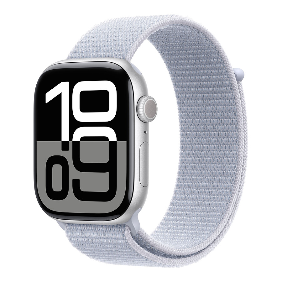 Montre connectée Apple Watch Series 10 GPS - Aluminium Argent - Bracelet Sport Textile Nuée Bleue - 46 mm