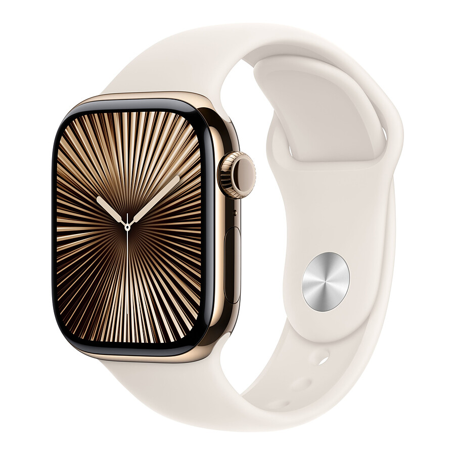 Montre connectée Apple Watch Series 10 GPS  + Cellular - Titane Or - Bracelet Sport Lumière Stellaire - 42 mm - Taille S/M