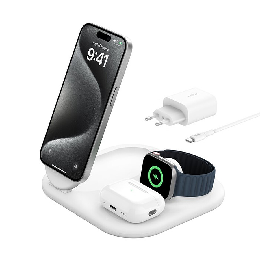 Chargeur Belkin BoostCharge Magnetic Stand 2-in-1 Qi2 15W Blanc