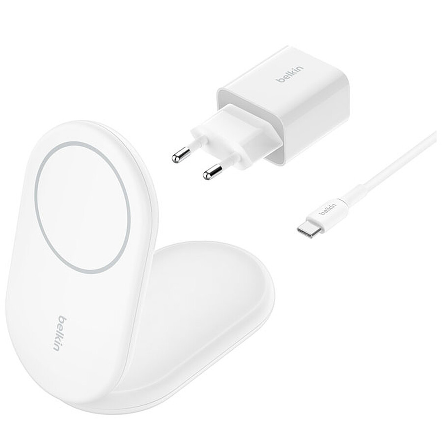 Chargeur Belkin BoostCharge Socle de Recharge Aimanté et Pliable Qi2 15W - Blanc + Chargeur secteur