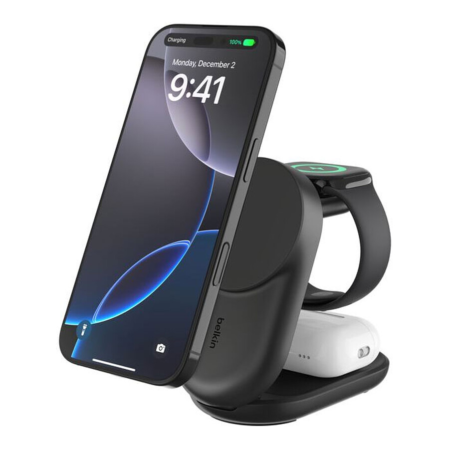 Chargeur Belkin UltraCharge Socle de Recharge 3-en-1 Aimantée et Pliable avec Qi2 (Noir)
