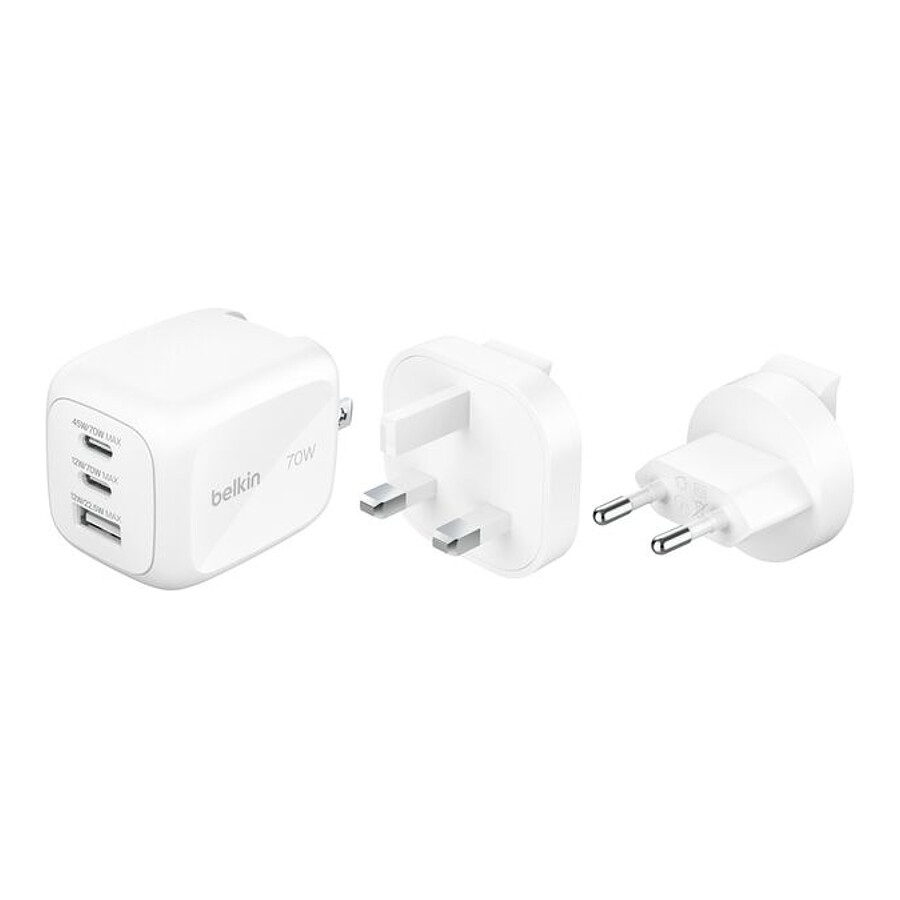 Chargeur Belkin Chargeur Secteur 70W 3 ports 2 USB-C + 1 USB-A + Kit adaptateur de voyage