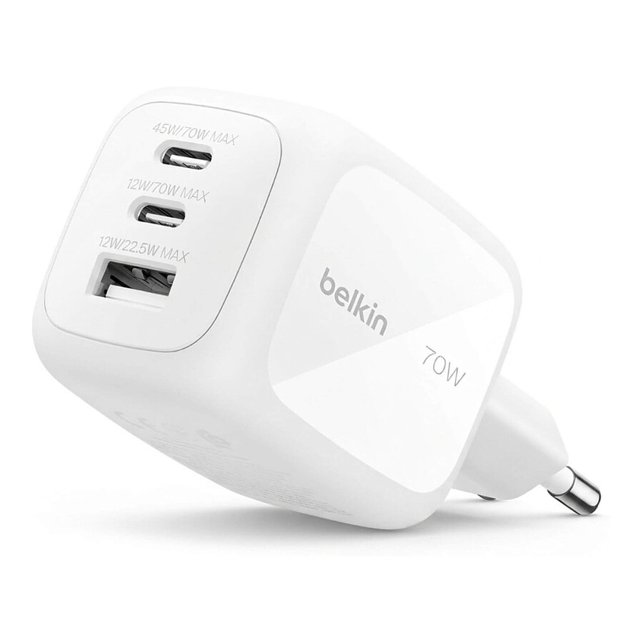 Chargeur Belkin Chargeur Secteur 70W 3 ports 2 USB-C + 1 USB-A + Kit adaptateur de voyage