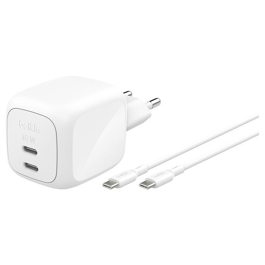 Chargeur Belkin BoostCharge Pro Chargeur secteur GaN deux ports USB-C (67 W) avec câble USB-C - Blanc